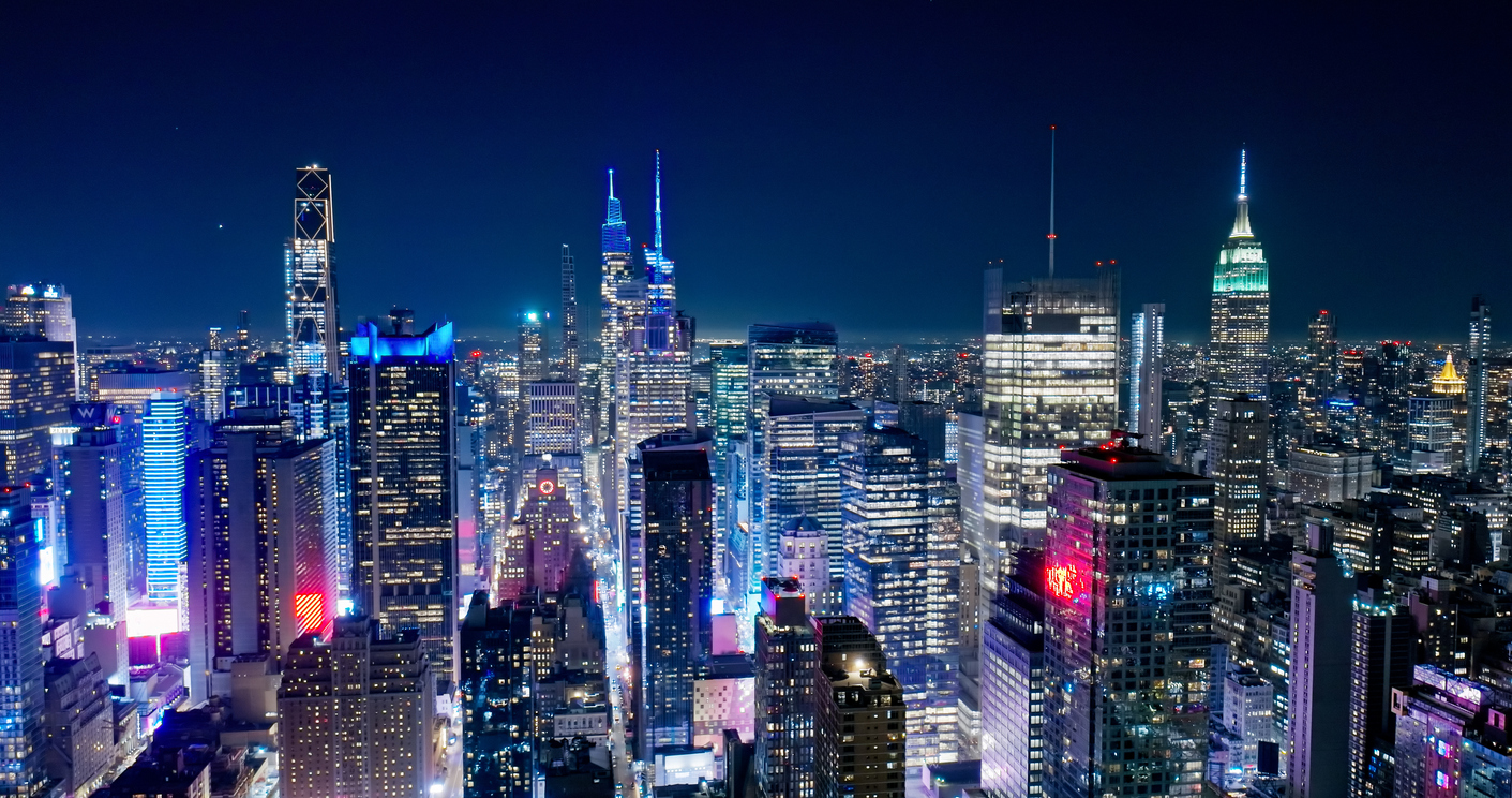 Midtown Manhattan Skyline at Night in New York City - Aerial Shot - The ...
